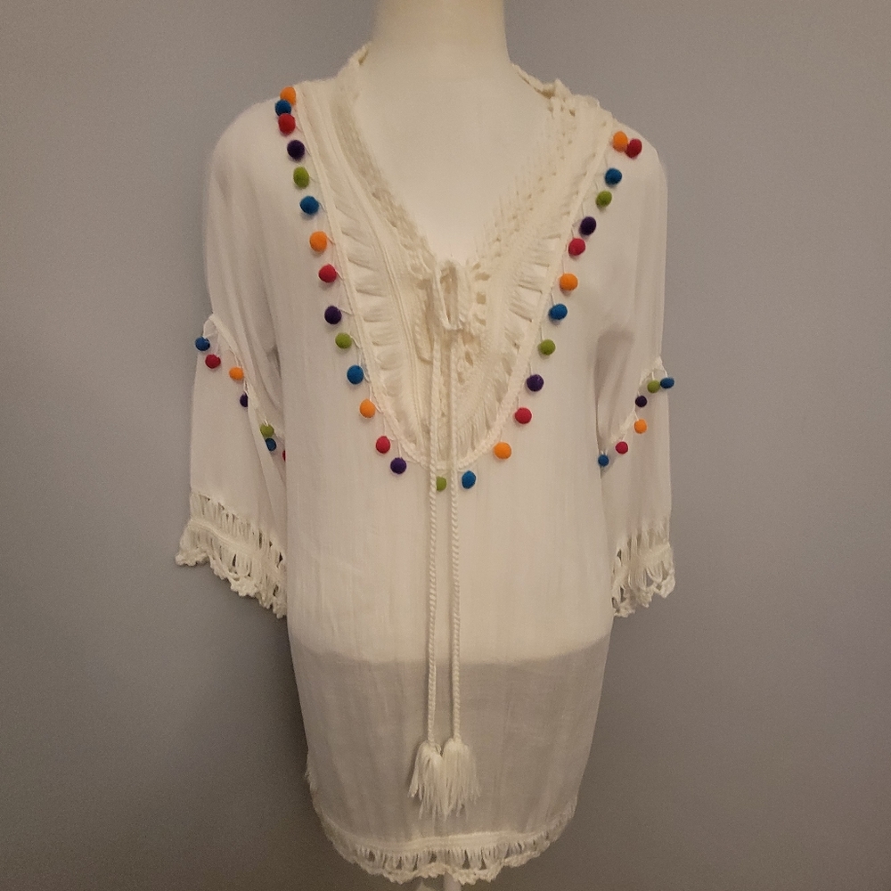 White Crochet Boho Bathing Suit Beach Pool Cover Up Multicolor Pom Pom Tassle